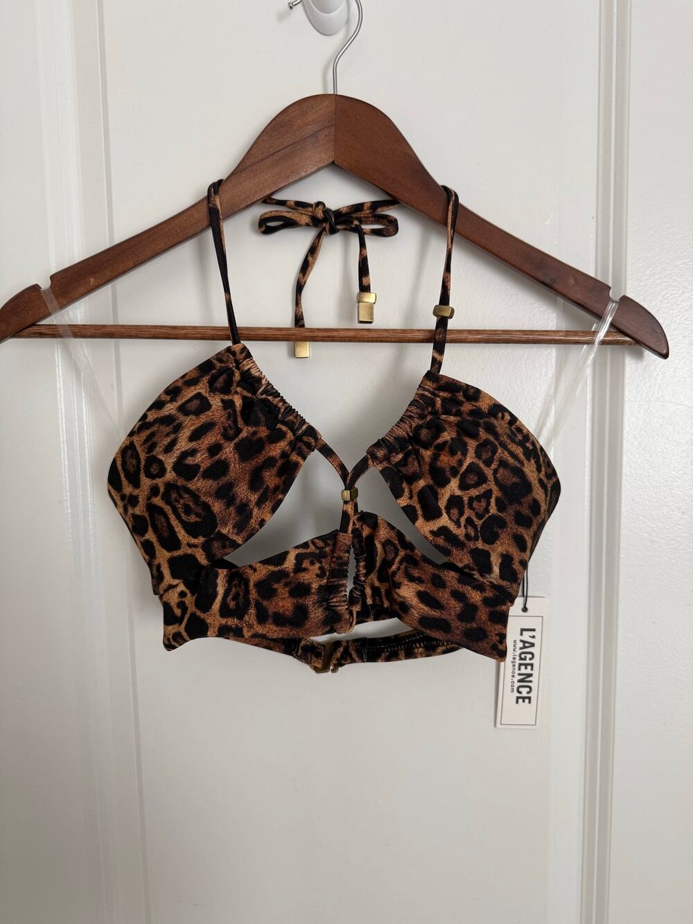 NWT L'AGENCE Sirena Halter Bikini Top Cutout Leopard Print Top